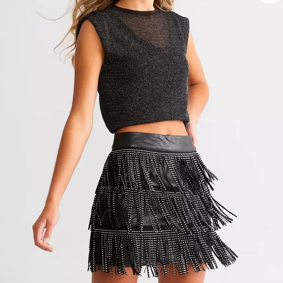 NEW blue b Black Silver Fringe 3 Tier Festival Western Faux Leather Mini Skirt S - Picture 2 of 6